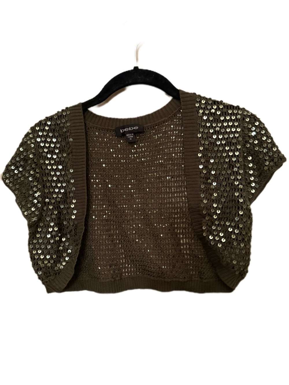 Y2K bebe Olive Open-Knit Cropped Bolero Sweater